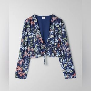 Sunday Best Blue Tropical Print Cropped Tie Front “Kimberly”Blouse